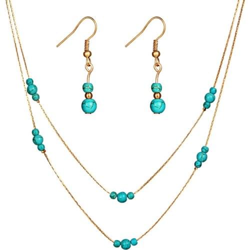 Women Fashion Stone Beads Bridal Jewelry Sets Pendant Necklace Dangle Earrings Statement