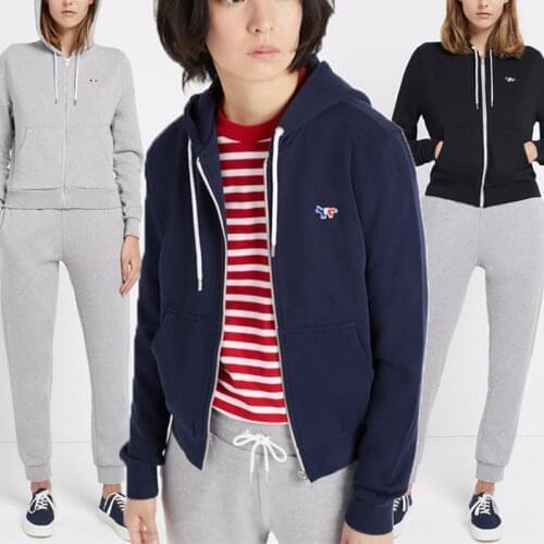 Womens Zipper Hoodies Cotton Fox Embroidered Long Sleeve Drawstring Female Loose Hooded Sweatshirts 2021 Autumn