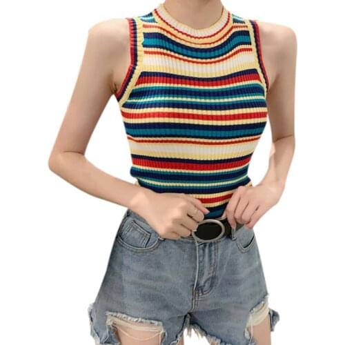 Women Round Neck Summer Tops Sexy Sleeveless Rainbow Contrast Striped Print Tank Tops Female Casual Knit Vest Clothing 2019 New