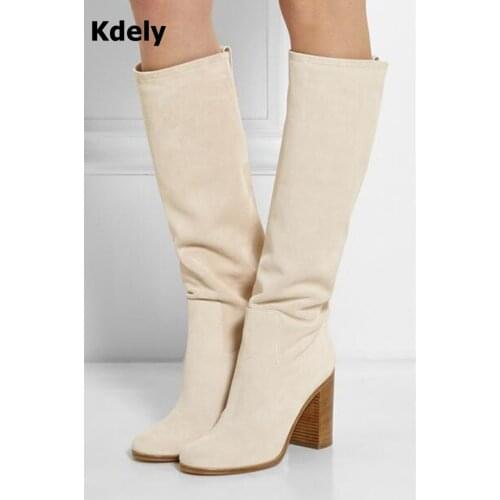 Celebrity Designer White Beige Suede Leather Knee High Boots Women 10cm Chunky Heeled Autumn Winter Platform High Heel Long Bota