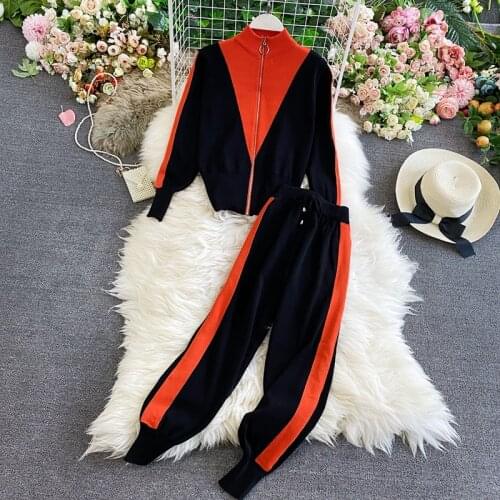 2pcs Knitting Sets Womens Tracksuit Zipper Stand Collar Sweater Cardigans+Pant 2021 New Autumn Winter Trousers Suits