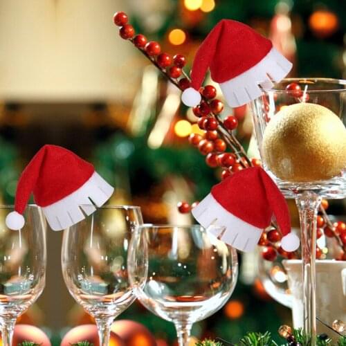 10Pcs/lot Christmas Decorations for Home Table Place Cards Christmas Santa Hat Wine Glass Decoration New Year Party Supplies