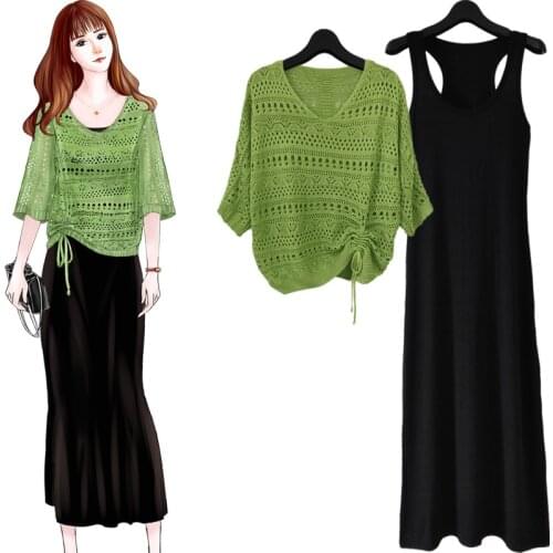 2021 New Summer Women Knitting Hollow Out V-neck Coat + Sleeveless Strap Dress 2 Piece Sets Female Sweet Sexy Ladies Suits