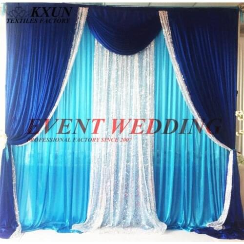 Turquoise Color Ice Silk Wedding Backdrop Curtain With Royal Blue And Silver Sequin Swag Drape Event Decoration