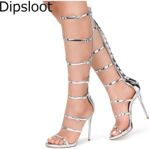 Summer Sexy Ladies Simple Mirror Leather Strappy Metal Buckle Sandals Boots Stiletto Heels Women Hollow Out Knee High Botas