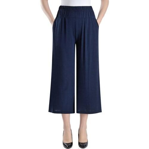 Middle Aged Women Casual Wide Leg Pants Elastic Waist 2019 Summer New Pockets Plus Size Women Clothing Loose Vintage Trousers