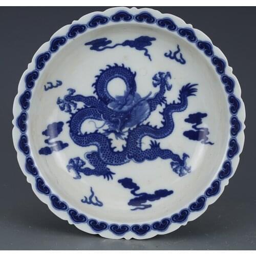 Antique QingDynasty porcelain plate,Blue and white dragon disk ,hand-painted crafts,home Decoration,collection& adornment