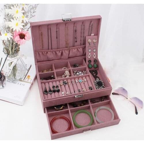 Flannel Double Layer Jewelry Storage Box Holder With Lock Large Capacity Velvet Jewelry Necklace Ring Display Rack Drawer