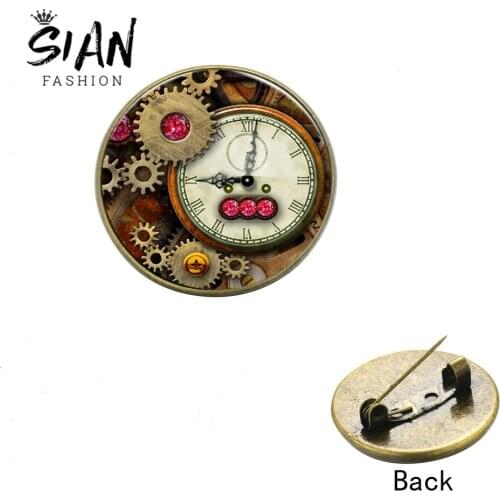 SIAN Creative Clock Movement Brooch Steampunk Watch Mechanism 3D Printed Glass Gem Pins And Brooches for Women Shirt Accessories