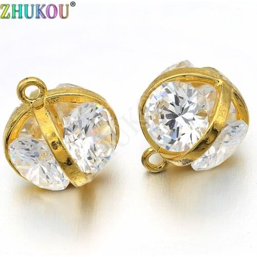 11x15mm Brass Cubic Zirconia Round Charms Pendants, Mixed Color, Hole: 1.5mm, Model: VD277