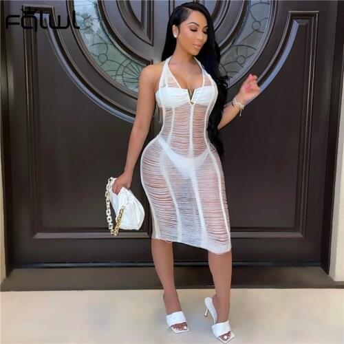 FQLWL Summer Streetwear Bodycon Dress Women White Black Halter Dresses Female Hollow Out Sleeveless Casual Backless Beach Dress