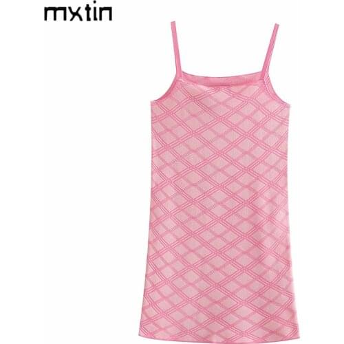 MXTIN 2021 Women Summer Fashion Geometric Knitted Mini Dress Vintage Square Collar Sleeveless Backless Female Party Dress Mujer