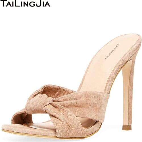 Open Toe High Heel Knotted Black Mules Womens Heeled Knot Khaki Sandals Large Size Party Dress Heels Ladies Summer Shoes 2019