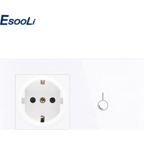 Esooli EU standard Wall Power 16A Socket And 1 Gang 1 Way Wall Light Touch Switch White Crystal Glass Panel Light Wall Switch