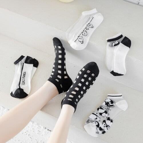 2021 Spring Summer Thin Silk Socks Women with Cartoon Kawaii Panda Balck and White Woman Socks Cotton 51902