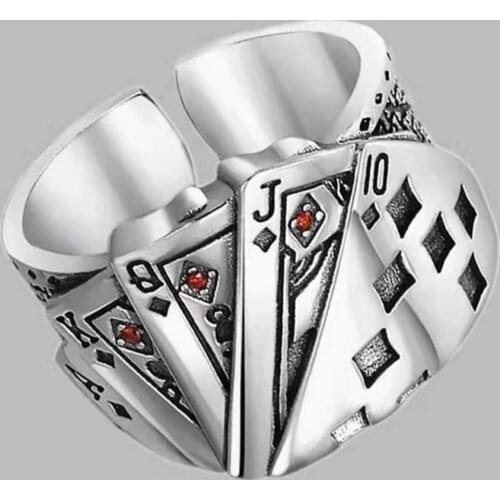 Retro Unisex Ring Playing Card Adjustable Poker Engraved Open Ring Jewelry for Party