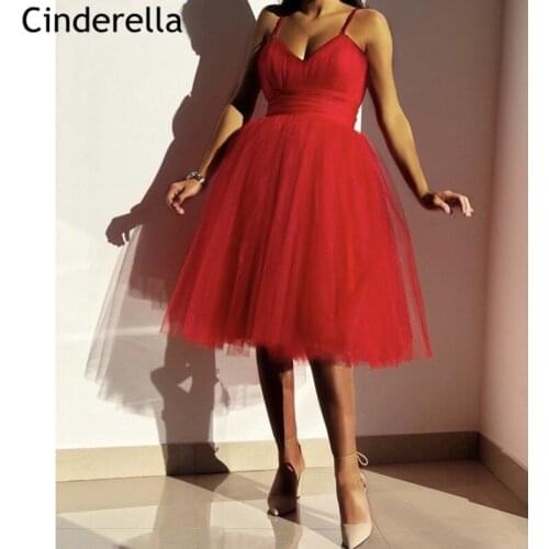 Luxury Prom Dresses Red V-Neck Spaghetti Straps Tulle Pleated Short Prom Dresses With Zipper Back vestidos de fiesta de noche