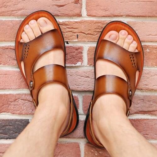 Coslony sandals for men outdoor leather 2021 summer Men Shoes Genuine Leather Non-slip Beach Slip-On Sandals Travel Slippers