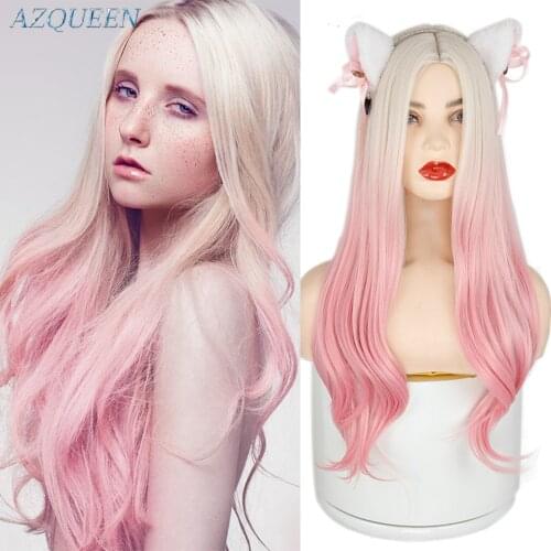AZQUEEN Long Wavy Synthetic Ombre Blonde Pink Wig Cosplay Wigs High Temperature Fiber Hair