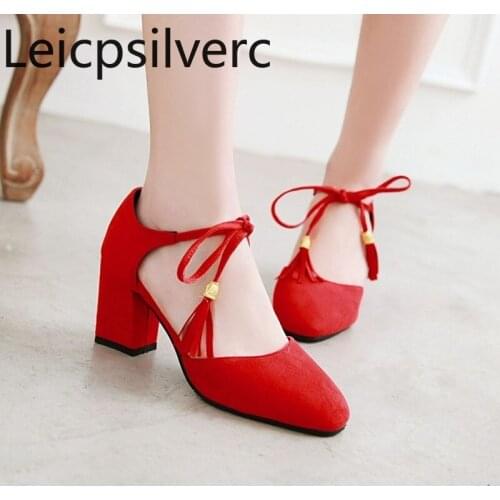 Pumps Spring and autumn new style fashion Square head Shallow mouth Lace-up Thick heel mid heel Womens shoes plus size 32-42