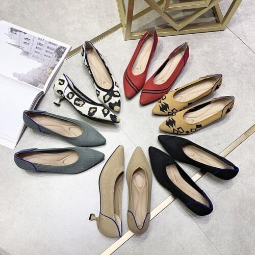 High Heels 2021 New Pointed Toe Woven Mid-heel Color Matching Soft Sole Comfortable Stiletto Single Shoes Women