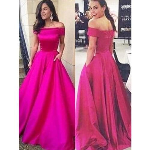 2019 Beatue Off Shoulder Evening Dresses with Pockets Short Sleeve Sweep Train A-Line Yellow Satin Formal Evening Party Dresses