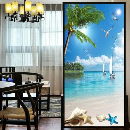 Privacy Windows Film Decorative Beach Stained Glass Window Stickers No Glue Static Cling Frosted Window Cling