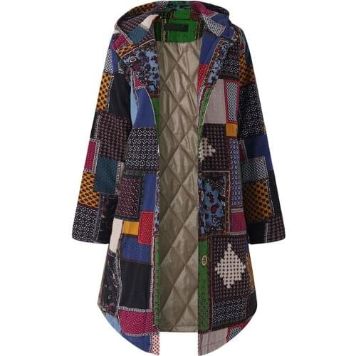 Women Jacket Vintage Printed Hooded Long Sleeve Fleece Thicken Coats Button Long Coat Winter Outerwear Female Overcoat куртка
