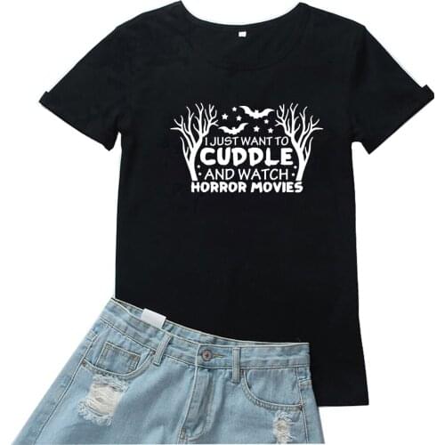 I Just Want To Cuddle and Watch Horror Movies Women T-shirt Black and Red Pattern Tshirt Women Funny Graphics T Shirt Women