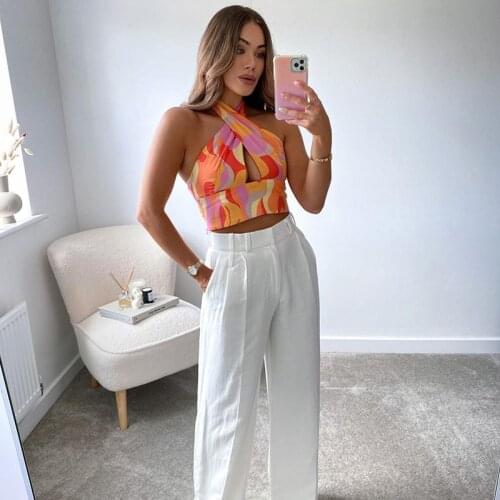 XEASY Women 2021 Fashion Printing Bow Tie Halter Neck Tank Short Tops Vintage Sexy Backless Elastic Bust Female Camis Mujer