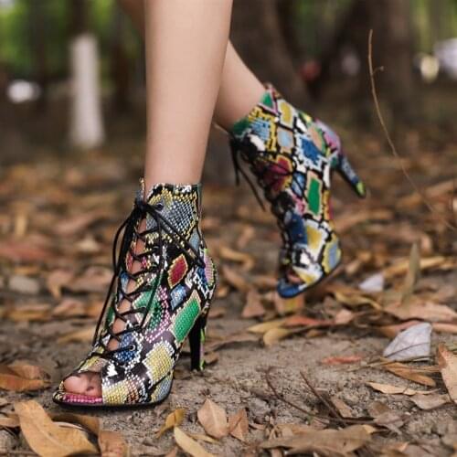 Biggest Size 46 47 Women Snake Print Boot High Heel Peep Open Toe Shoes for Spring Summer Ladies Leopard Cross Tied Ankle Boots