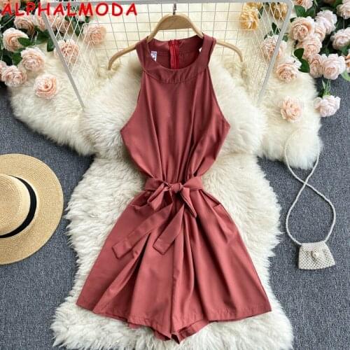 ALPHALMODA 2021 Summer Womens New Sleeveless Sashes Playsuit Solid Color Wide Leg Ladies Holiday Casual Rompers