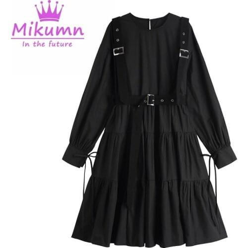 2020 Spring Autumn Harajuku Women Dresses Gothic Black Long Dress With Belt Elegant Full Sleeve Vintage Punk Dresses Vestidos