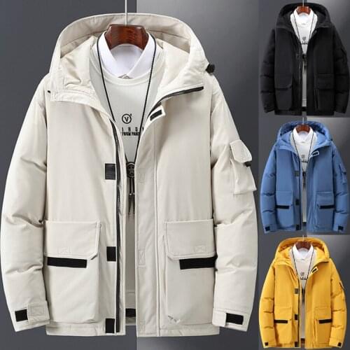 2021 Fashion Winter Warm Mens White Duck Down Filling Outerwear Sports Outdoor Hooded Pocket Solid Jacket Coat Male Puffer Parka