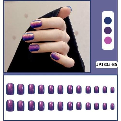 24Pcs Magic Cats Eye Effect Purple Phototherapy False Nails Press on Full Cover Chameleon Manicure Fake Finger Wear Nail Tips