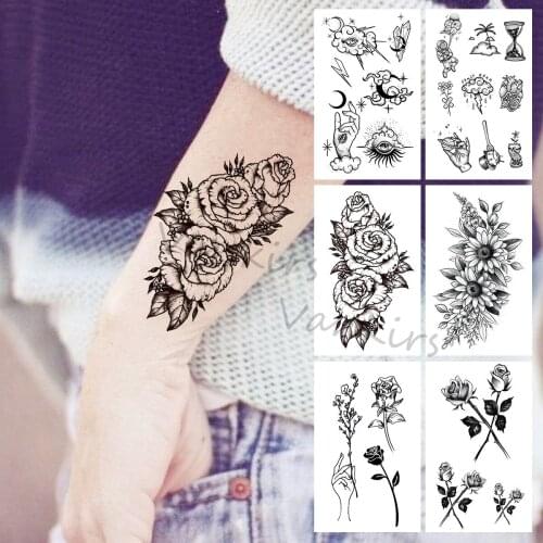 3D Black Dahlia Temporary Tattoos For Women Girls Realistic Rose Flower Cartoon Glove Fake Tattoo Sticker Arm Neck Tatoos