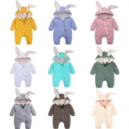 2021 Cartoon Cute Girl Rompers Winter Long Rabbit Ear Baby Clothes Newborn Boys Jumpsuit Warm Outfit Casual Hoodies Costume