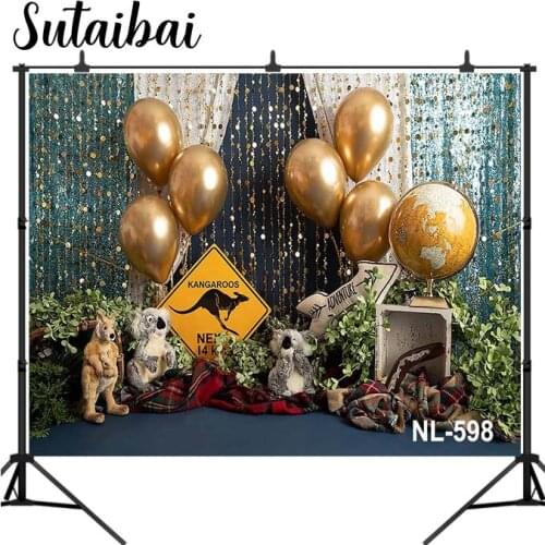 Wild One Birthday Cake Smash Backdrop Brown Wood Jungle Koala Golden Ballons Photocall Newborn 1st Birthday Portrait Background