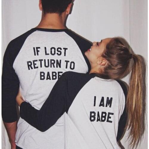 2018 If Lose Return To Babe/ I Am Babe letter Print Long Sleeve Ringer T-shirt Valentine Women New Couple Top Tee Lover O-neck
