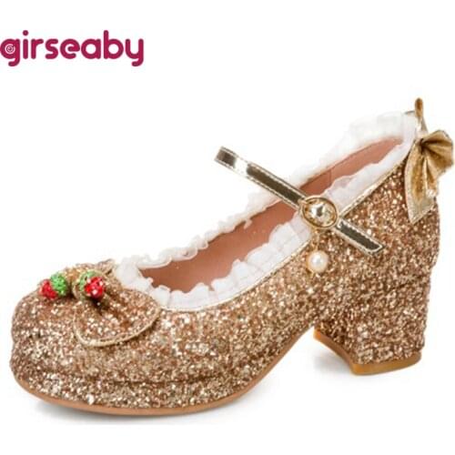 Girseaby 2021 New Bowtie Pumps Glitter Round Toe Shiny Mary Janes Platforms Buckle Strap 5cm Chunky Heel US14 Silver Pink A4211