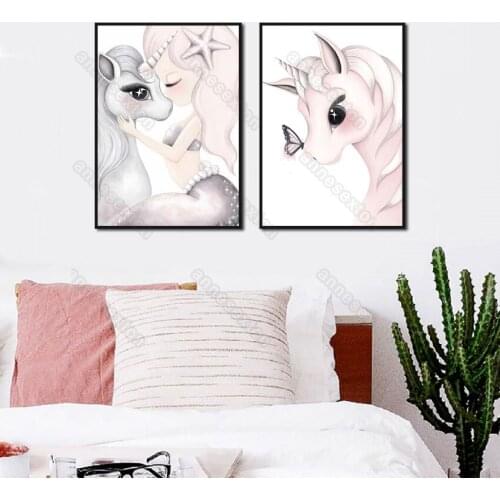 Canvas Painting Minimalist Pictures Cartoon Pretty Horse and Little Beautiful Girl Poster for Home Rooms Gallery Wall Decoration