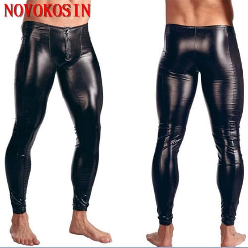 KH11 2018 New Sexy Front Zipper Faux Leather Tight Pants PU Low Waist Solid Performance Pants Men Sexy Lingerie