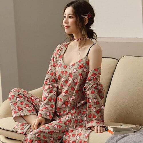 Spring Summer New Printing Three Pieces Set Women Pajamas Autumn/winter Sexy Suspender Female Homewear Nightie Robes Lady Set