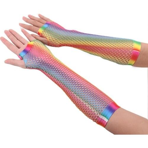 Cool Lace Gloves Bridal Wedding Party Half-Finger Long Net Gloves Rainbow Color Fishnet Gloves Sexy Fishnet Short Gloves