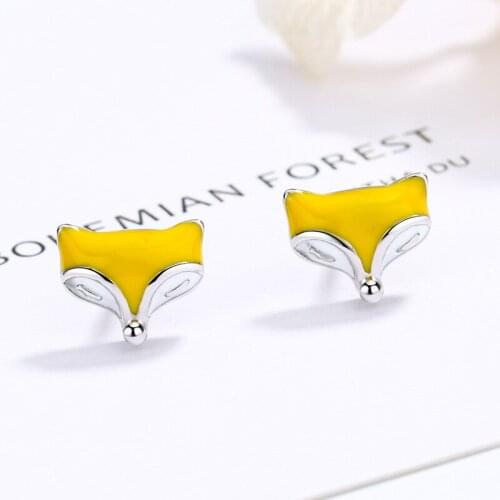 Cute Female Small Fox Stud Earrings Dainty Real 925 Sterling Silver Earrings Boho Black Yellow Enamel Wedding Earrings For Women