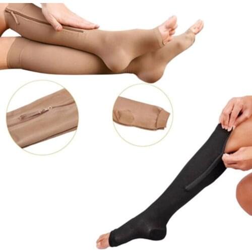 New Unisex Compression Black Zipper Leg Slimming Stocking Zipper Leg Support Open Toe Knee Stockings