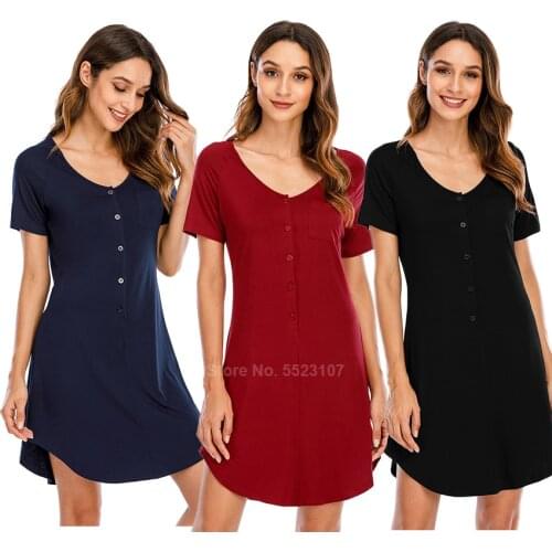 2020 Summer New Womens Nightgown Button Closure Modal Elastic Soft Comfy Thin Night Dress Short Sleeve American Sleepwear