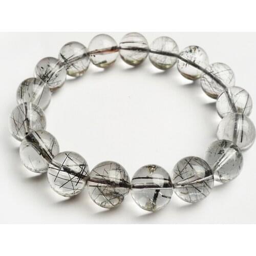 12.5mm Natural Brazil Black Hair Needle Rutilated Quartz Crystal Stretch Bracelets Charm Round Beads Mens Powerful Bracelet