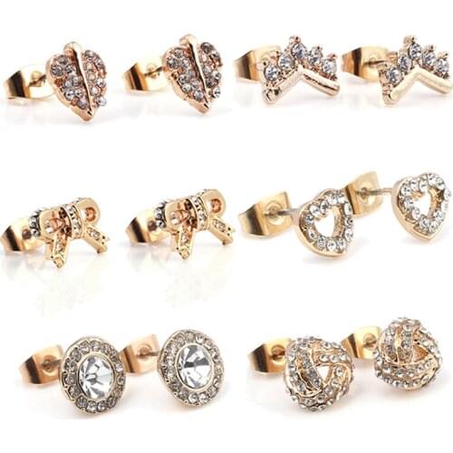 32 Styles Gold Color Shinning Bowknot Stud Earrings High Quality Fashion Earring Luxury Brand Crown Jewelry Gift For Women Girls