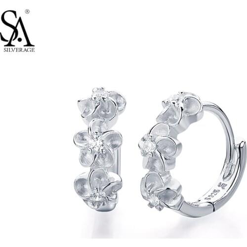 SA SILVERAGE Three Flower Hoop Earrings for 925 Sterling Silver Fine Jewelry Women Girl Korean Sterling Silver Genuine